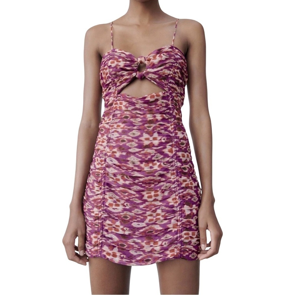 Zara Y2K Purple Abstract Ruched Cut out Sleeveless Dress Size M Festival Bodycon